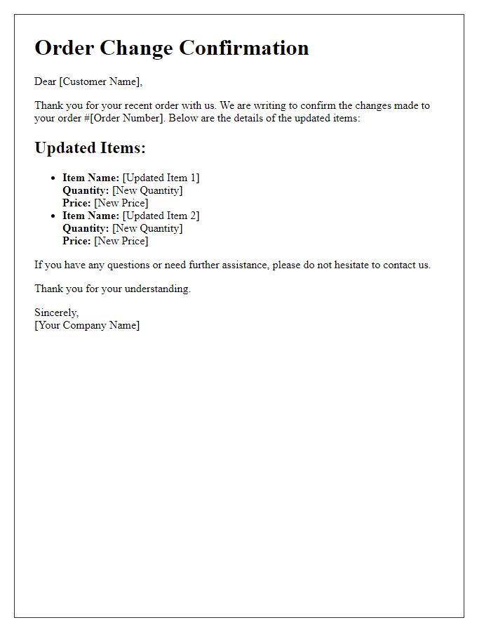 Letter template of order change confirmation highlighting updated items