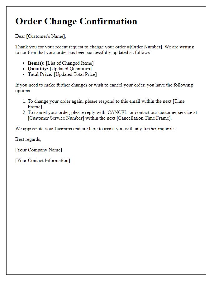 Letter template of order change confirmation including cancellation options