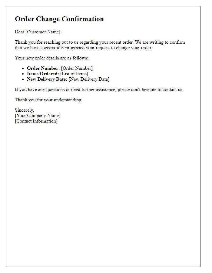 Letter template of order change confirmation with new delivery date