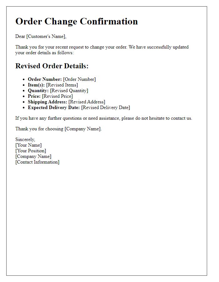 Letter template of order change confirmation with revised details