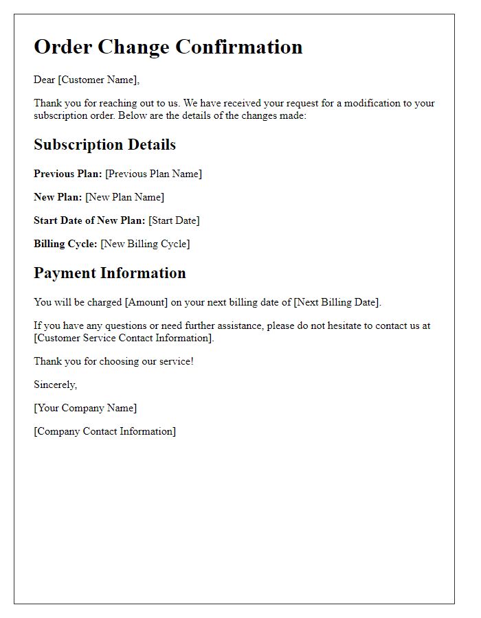 Letter template of order change confirmation for subscription modification