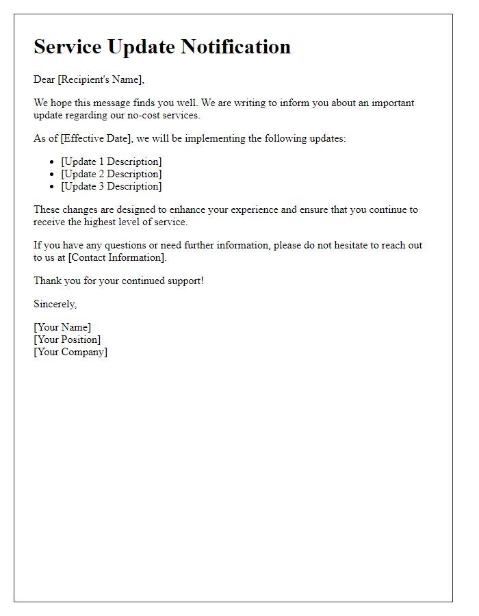 Letter template of no-cost service update