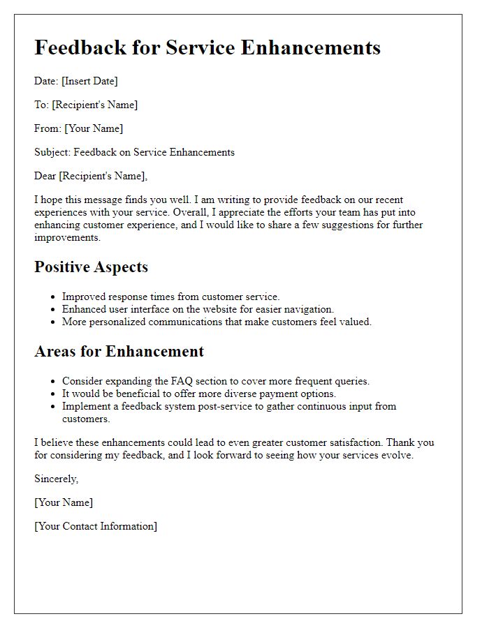 Letter template of feedback for service enhancements