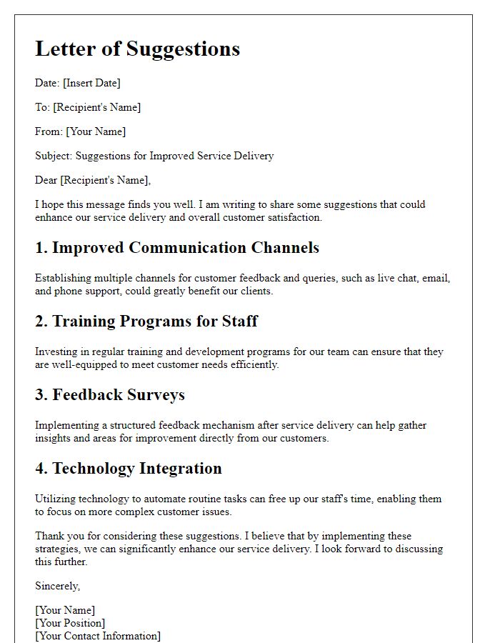 Letter template of suggestions for better service delivery