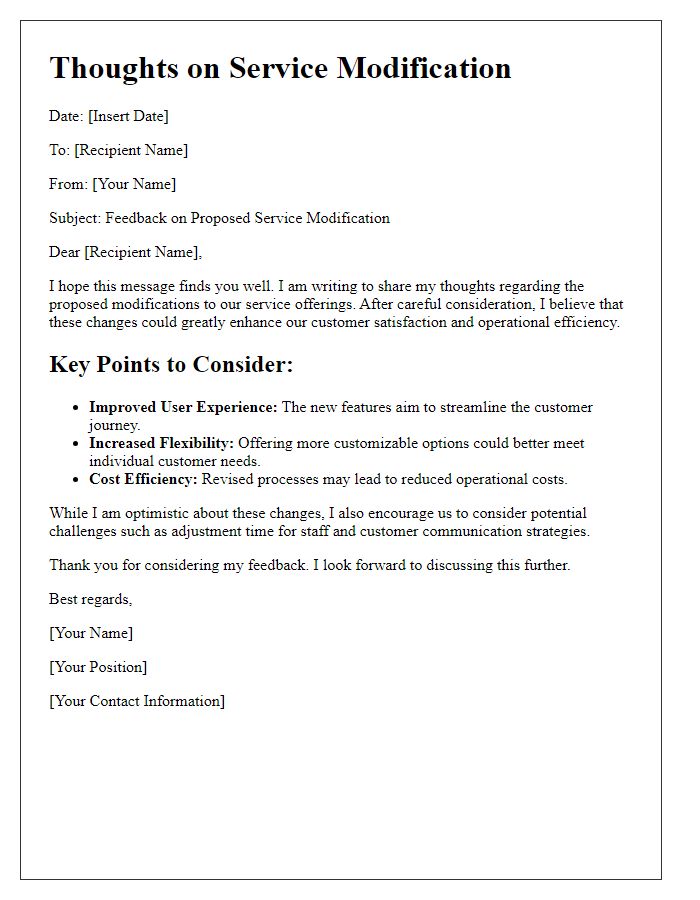 Letter template of thoughts on service modification