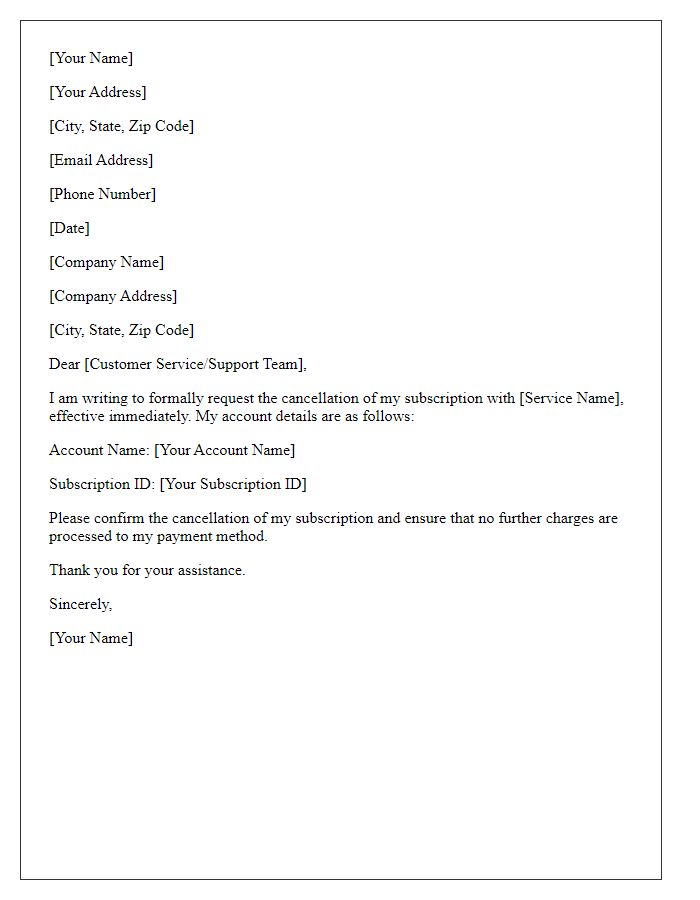 Letter template of subscription service cancellation request