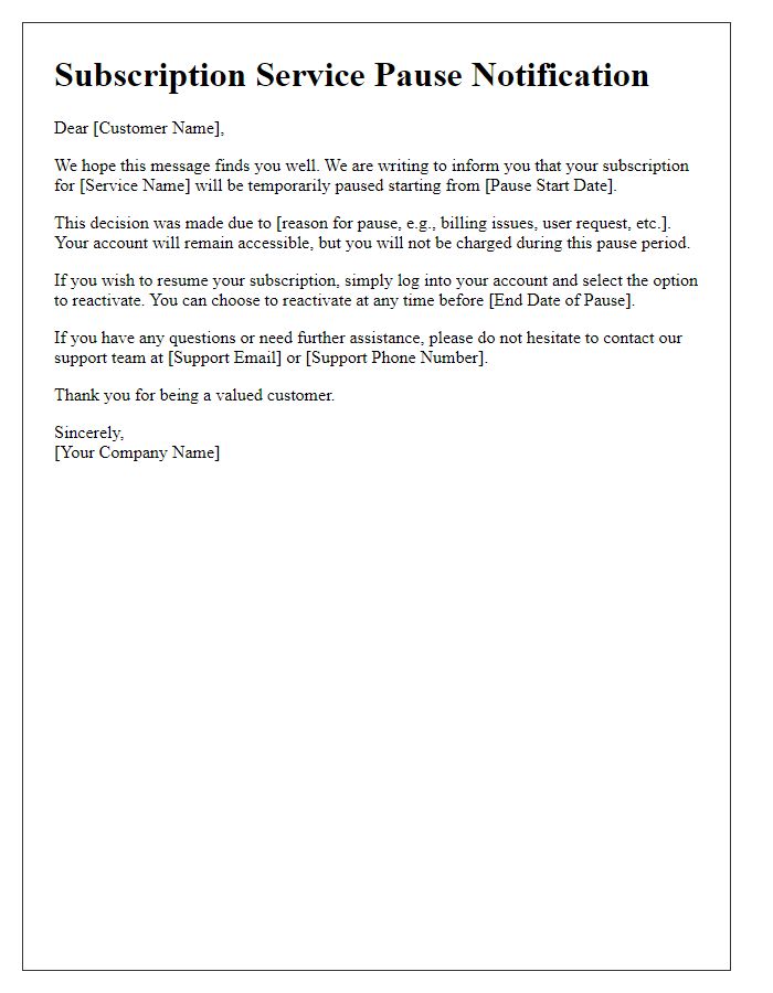 Letter template of subscription service pause notification