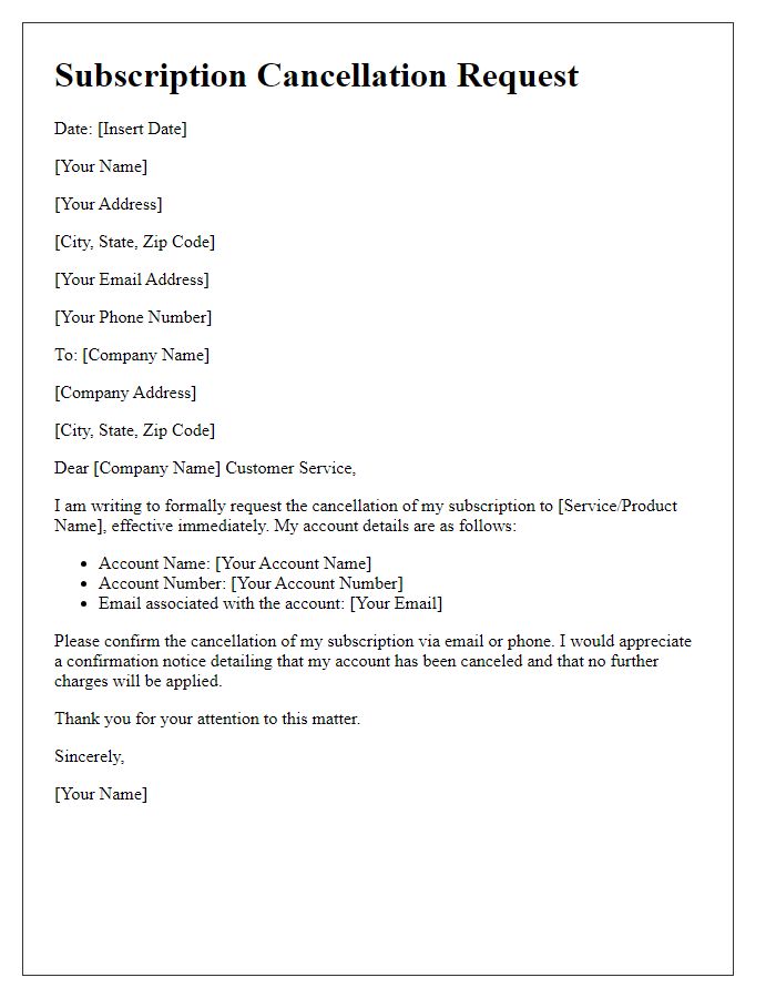 Letter template of subscription service stop request