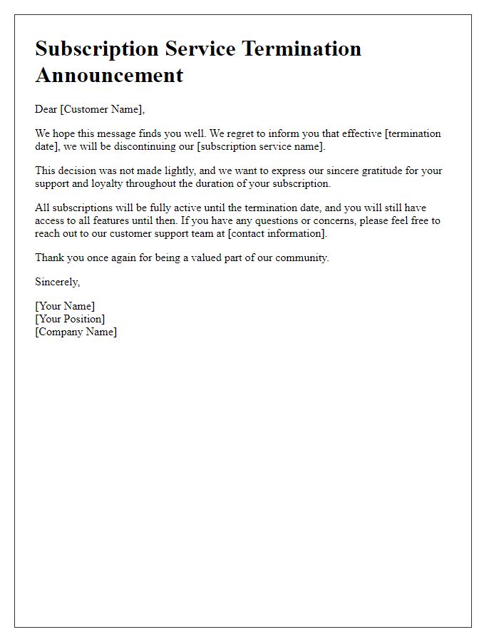 Letter template of subscription service termination announcement