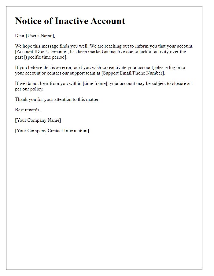 Letter template of Inactive Account Communication