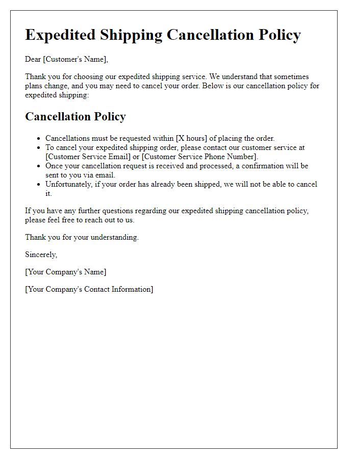 Letter template of expedited shipping cancellation policy