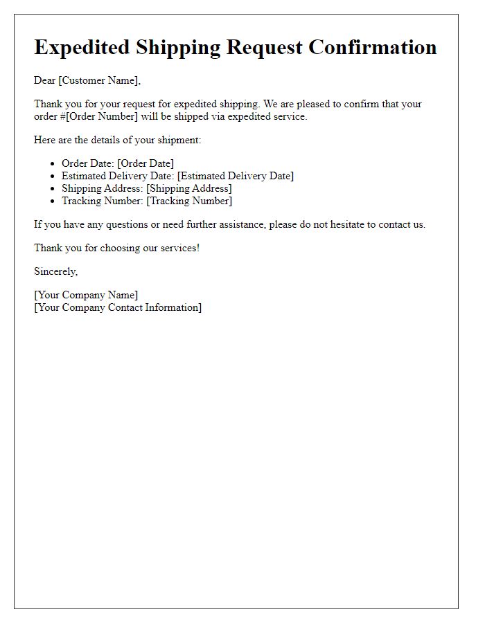 Letter template of expedited shipping request confirmation