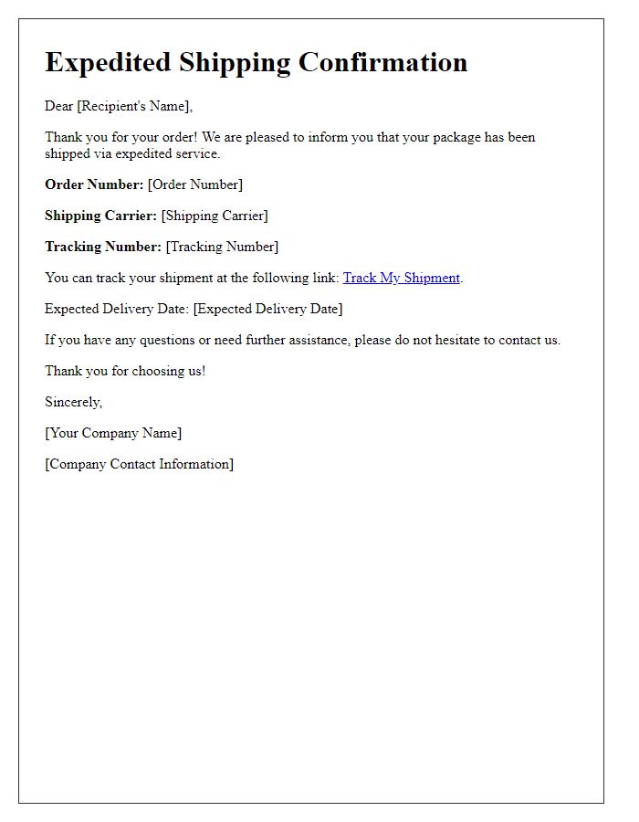 Letter template of expedited shipping tracking information