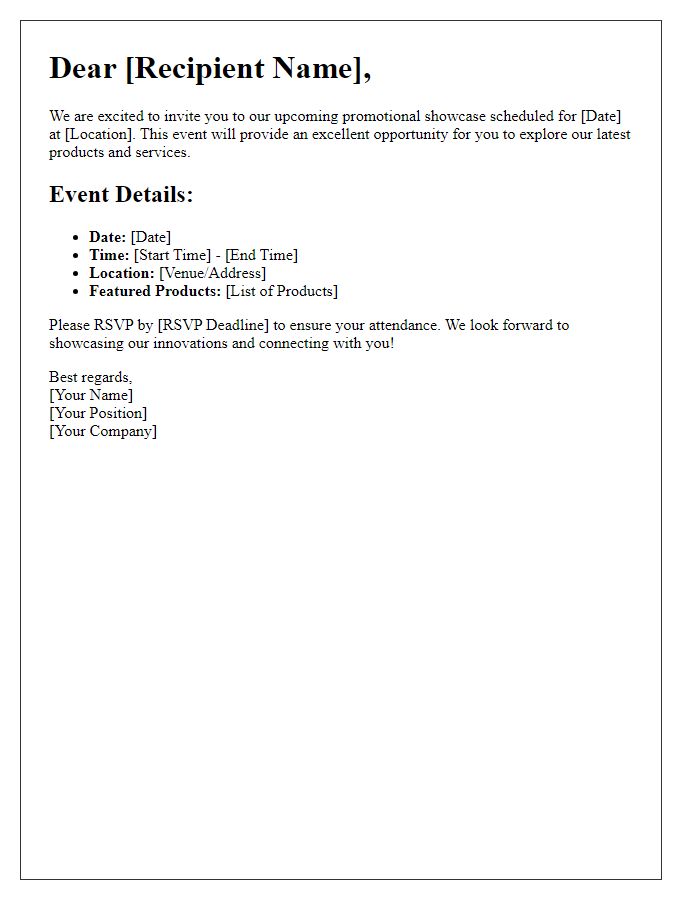 Letter template of details regarding our upcoming promotional showcase.