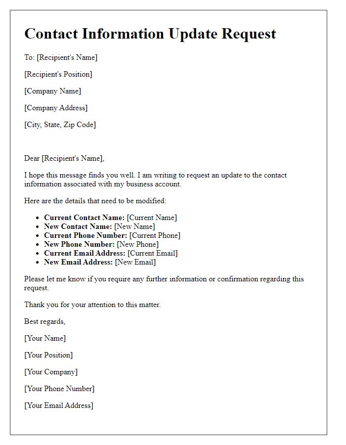 Letter template of contact information update request for business contact modification