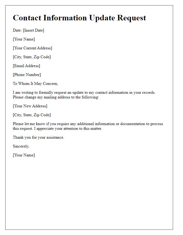 Letter template of contact information update request for a change in mailing address