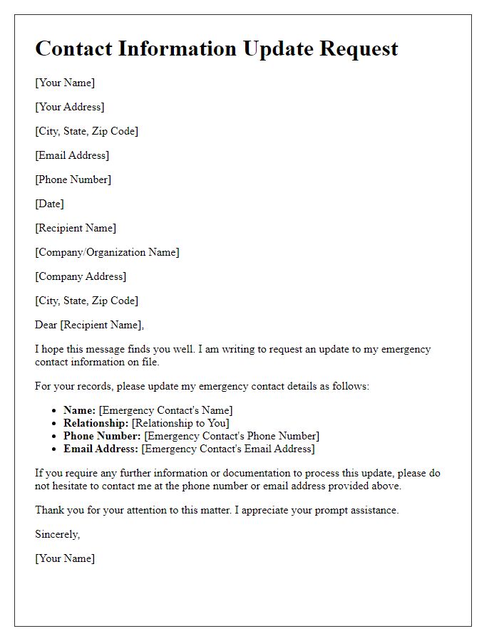 Letter template of contact information update request for emergency contact details