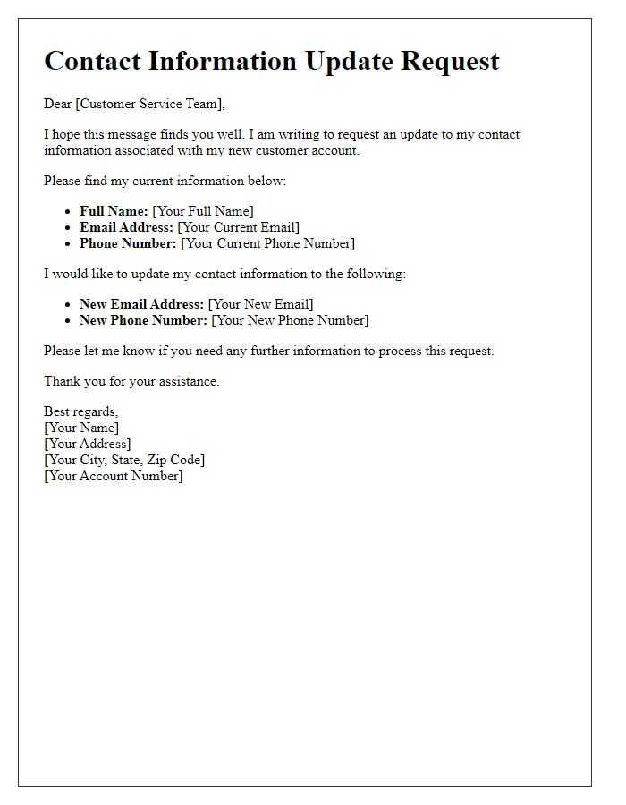 Letter template of contact information update request for new customer account information