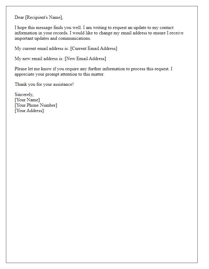 Letter template of contact information update request for a new email address