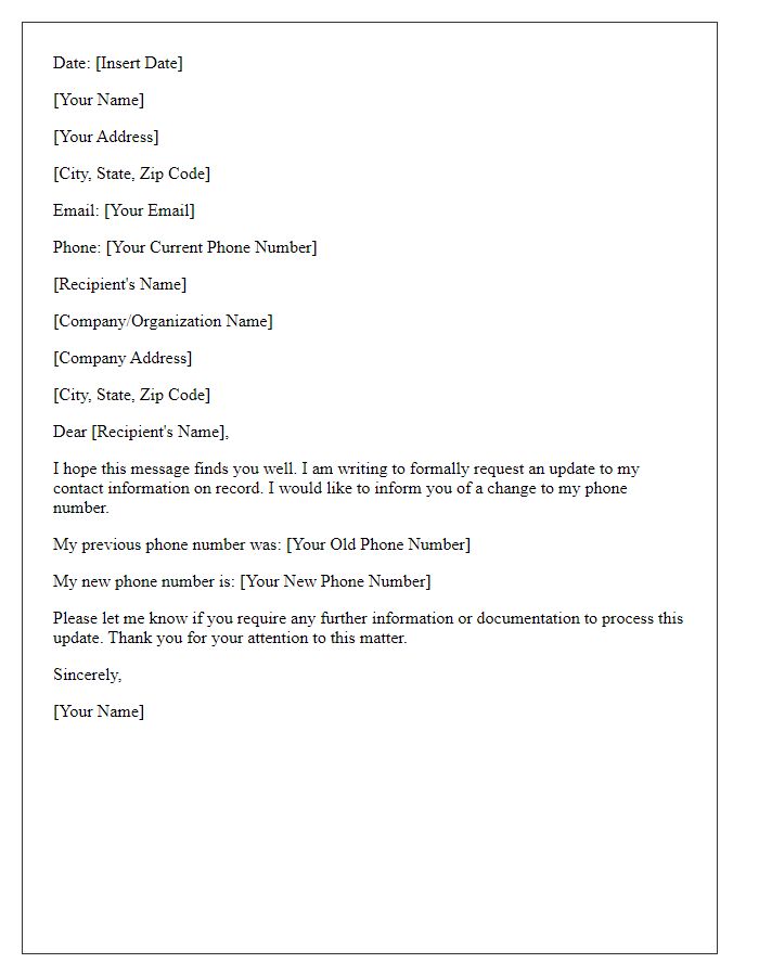 Letter template of contact information update request for a phone number change