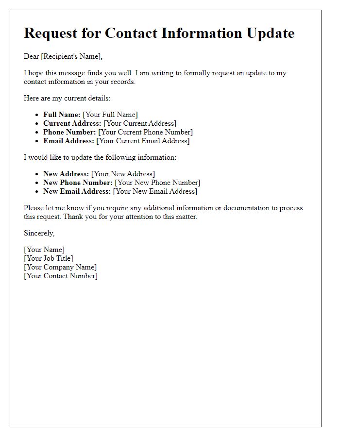 Letter template of contact information update request for profile information revision