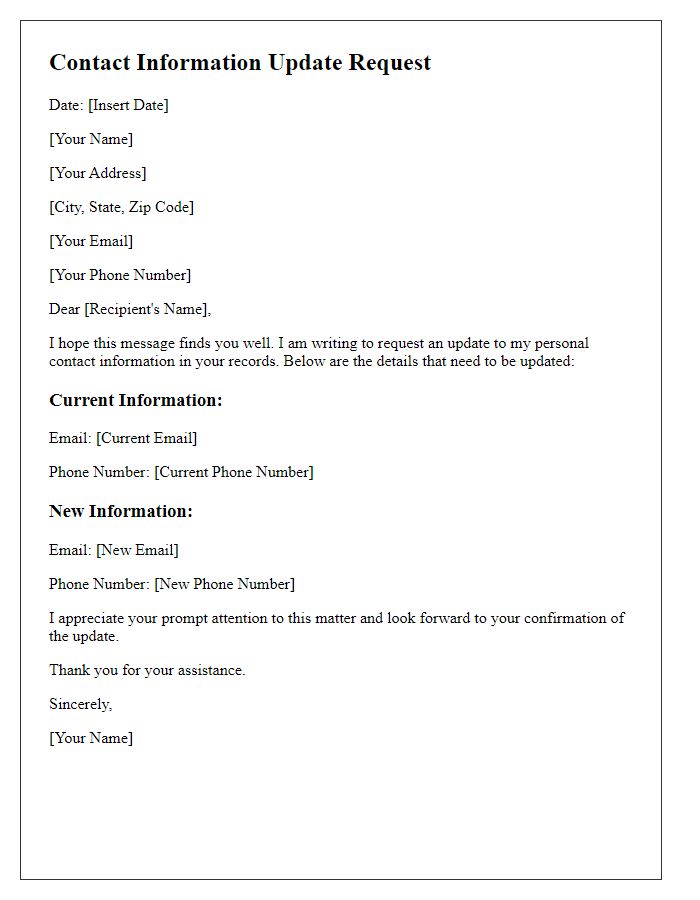 Letter template of contact information update request for updating personal details