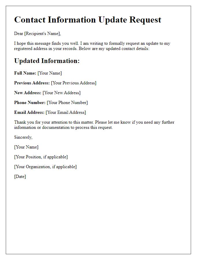 Letter template of contact information update request for updating registered address