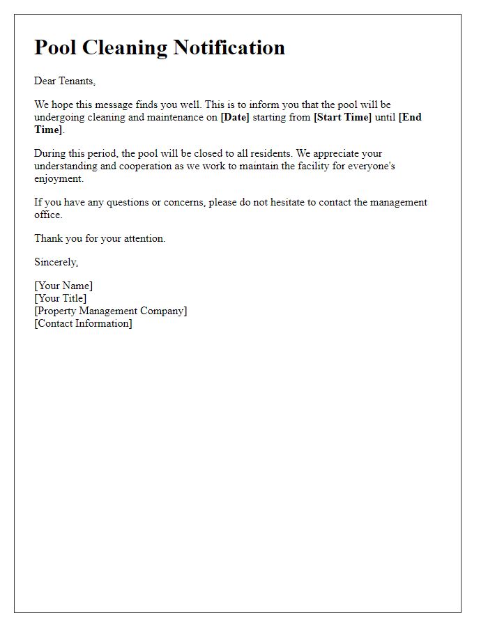 Letter template of tenant pool cleaning notification