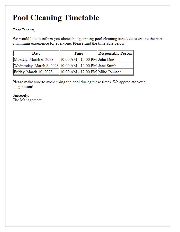 Letter template of tenant pool cleaning timetable