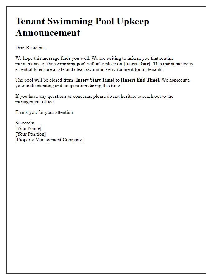 Letter template of tenant swimming pool upkeep announcement