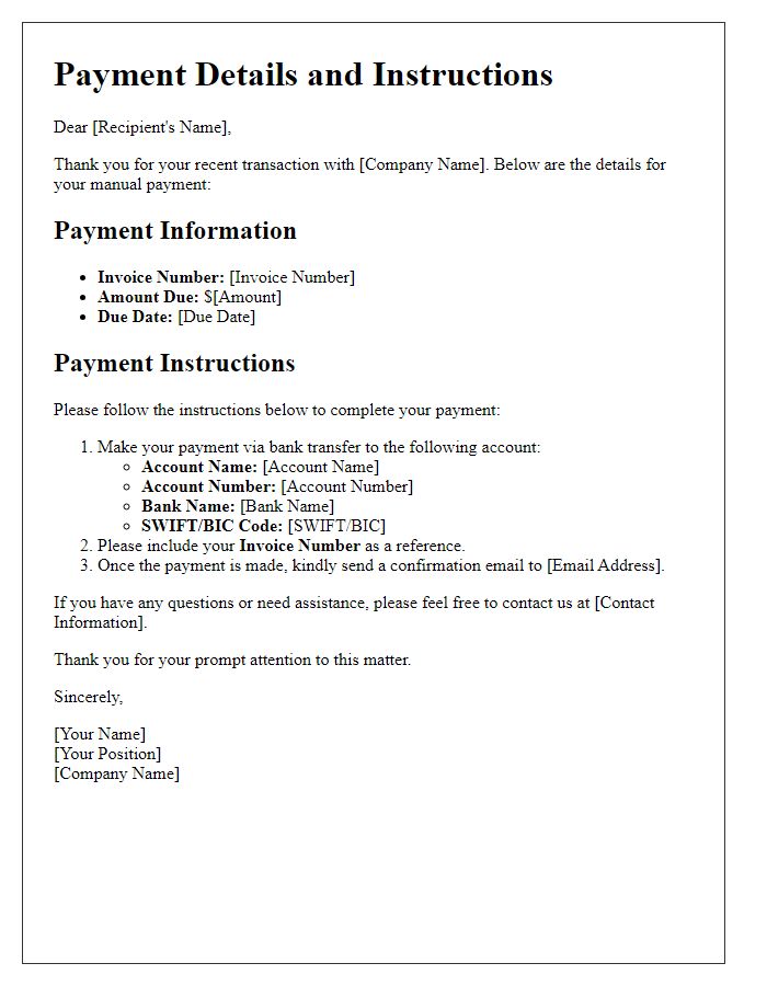 Letter template of manual payment details and instructions