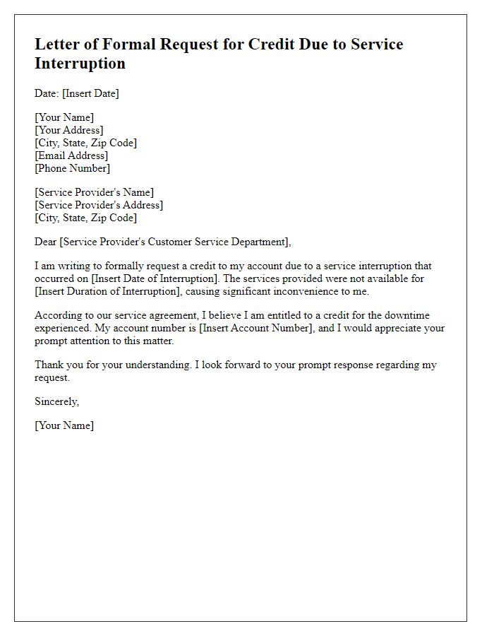 Letter template of formal request for credit due to service interruption