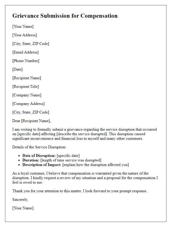 Letter template of grievance submission for compensation from service disruption