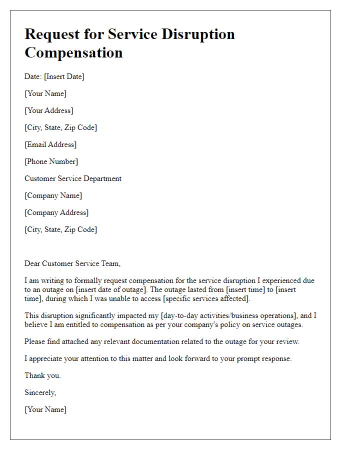 Letter template of request for service disruption compensation due to outage