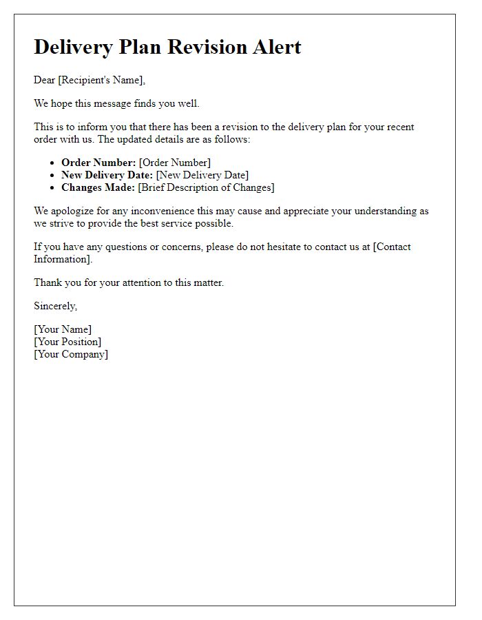 Letter template of delivery plan revision alert