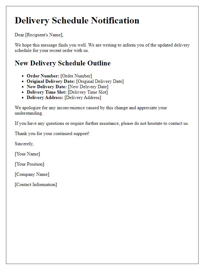 Letter template of new delivery schedule outline