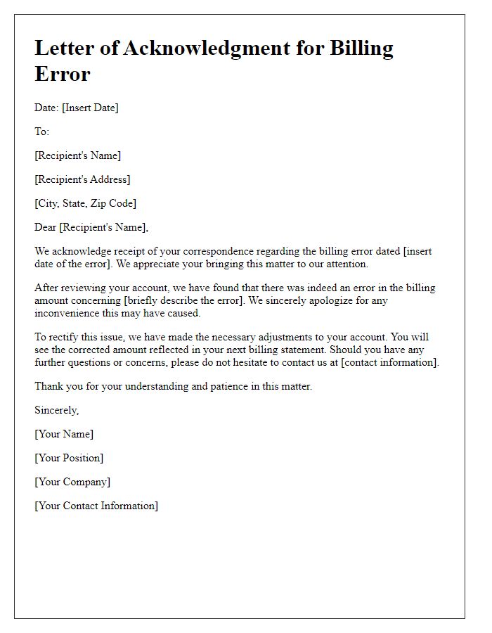 Letter template of acknowledgment for billing error and response.