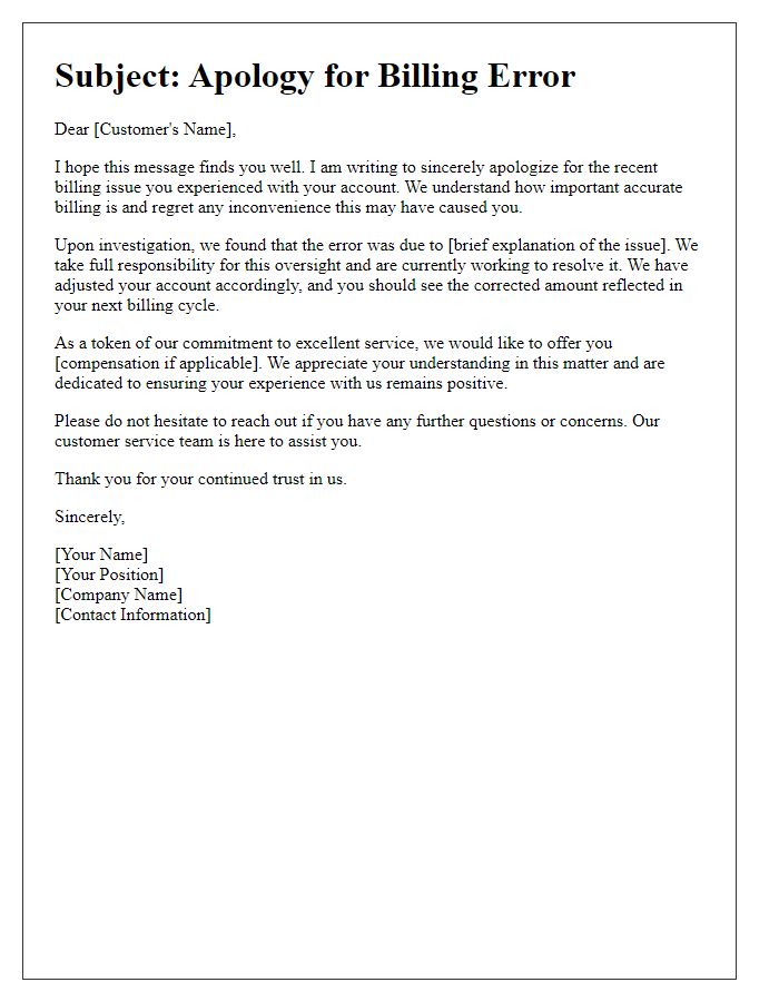 Letter template of comprehensively addressing and apologizing for billing issue.