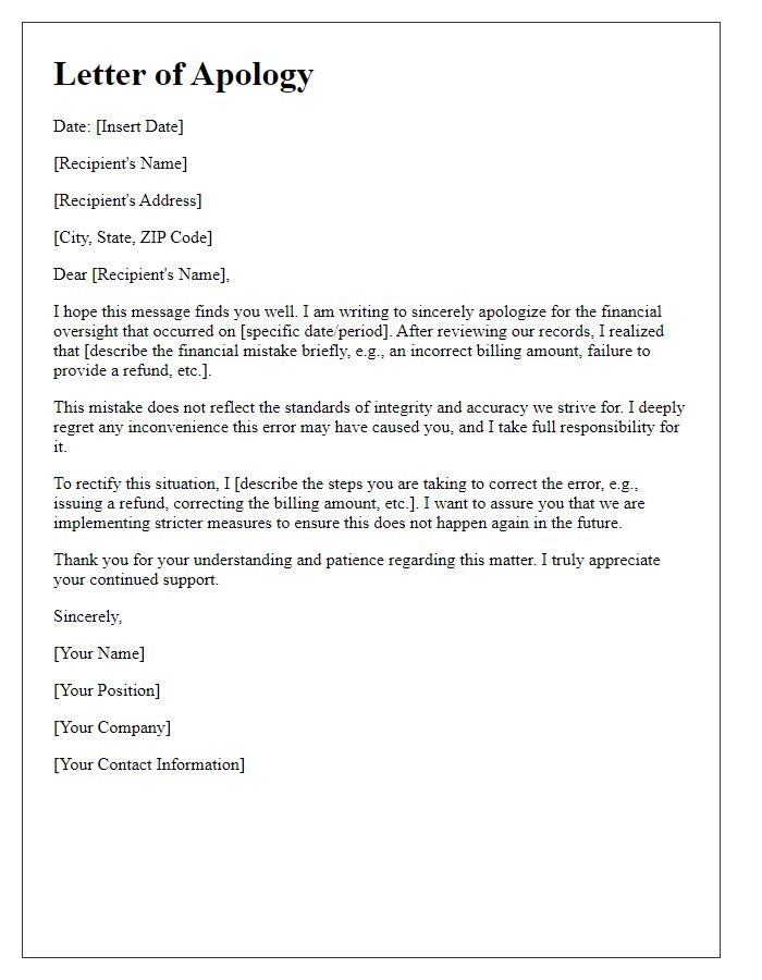 Letter template of transparent apology regarding financial mistake.