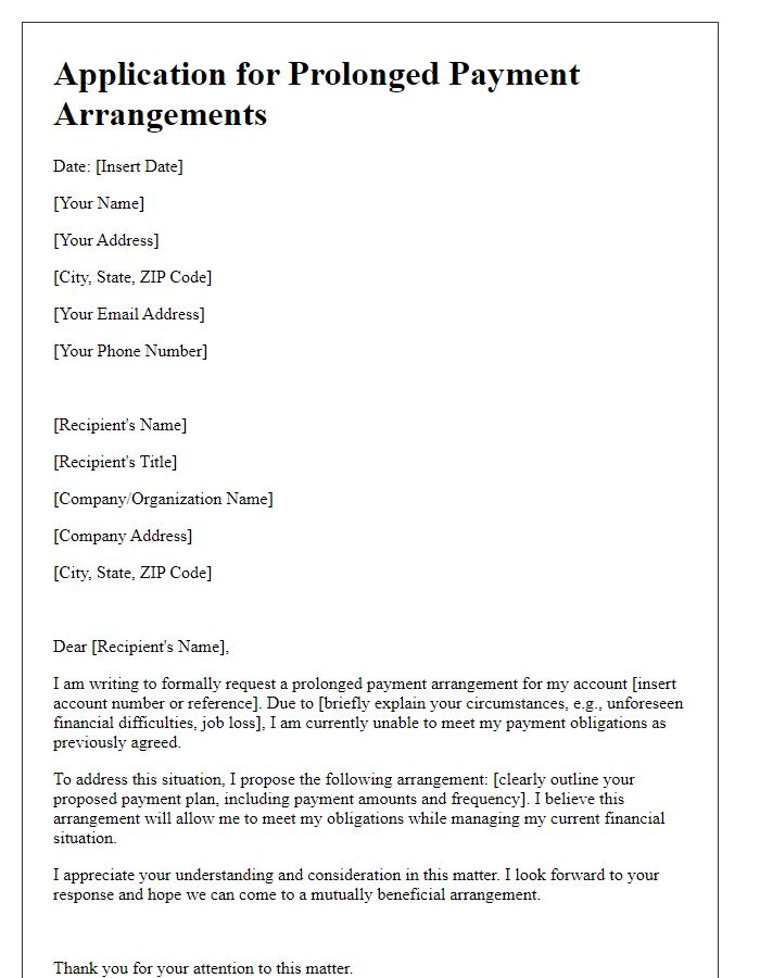 Letter template of application for prolonged payment arrangements.