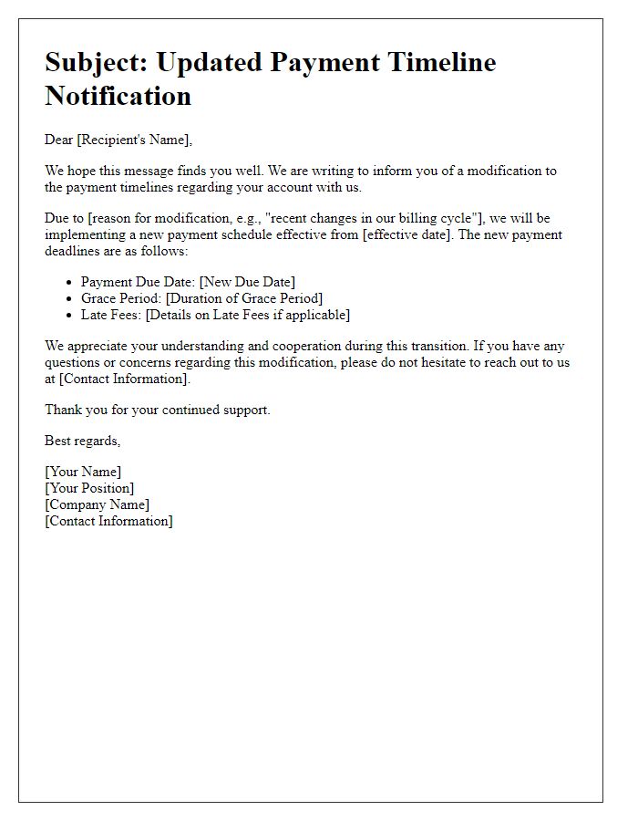 Letter template of communication for modified payment timelines.