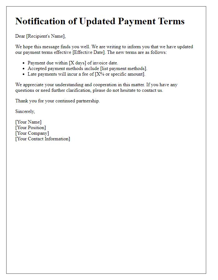 Letter template of notification for updated payment terms request.