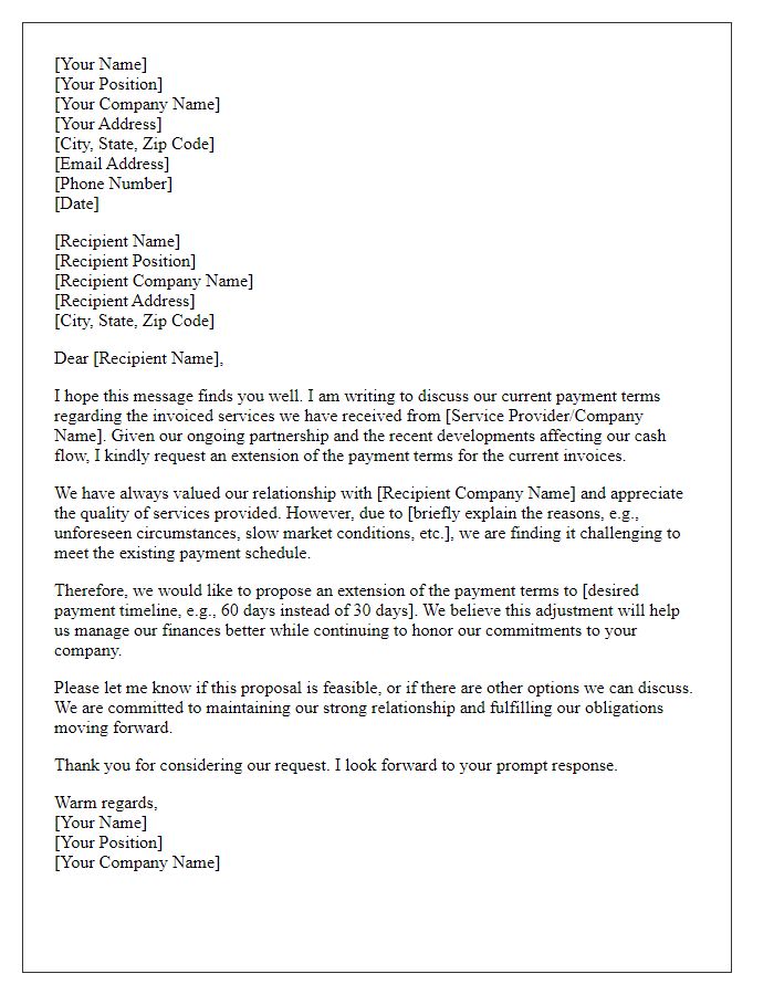 Letter template of request for extended payment terms for invoiced services.