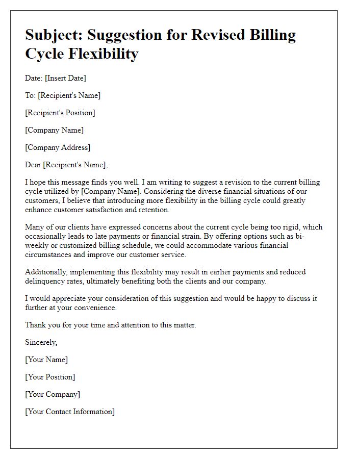 Letter template of suggestion for revised billing cycle flexibility.