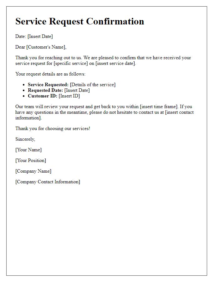 Letter template of confirmation regarding service request