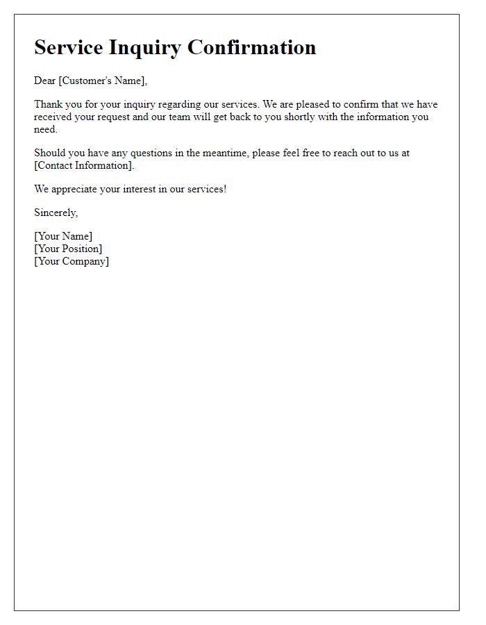 Letter template of confirmation for service inquiry