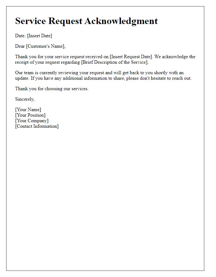 Letter template of service request acknowledgment