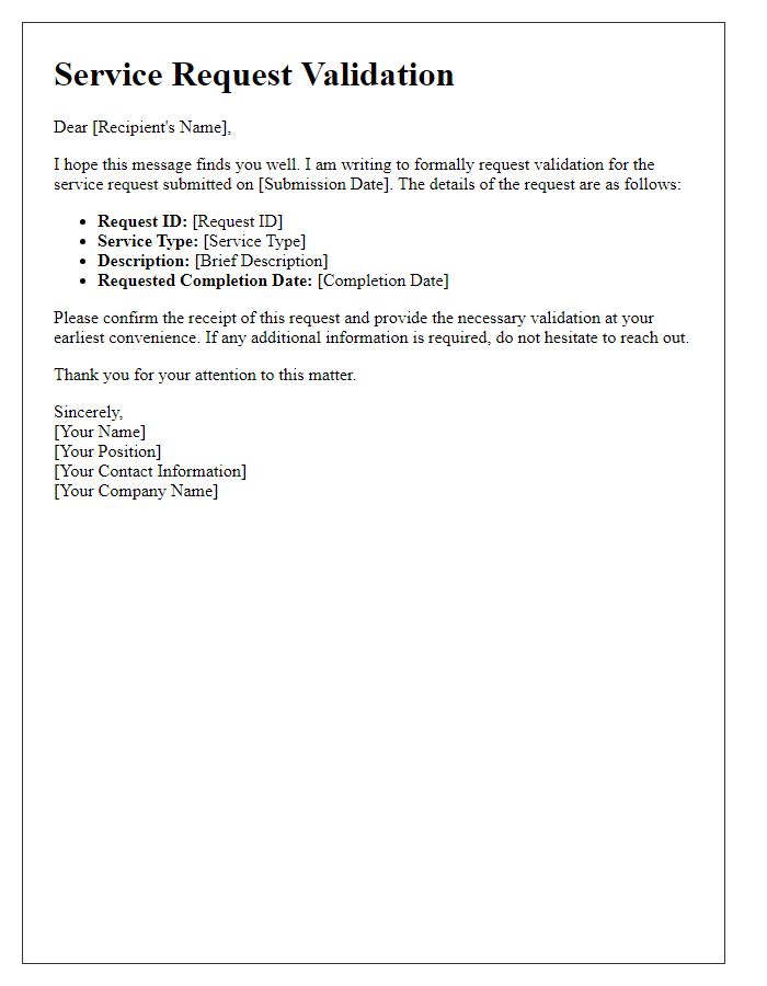 Letter template of service request validation