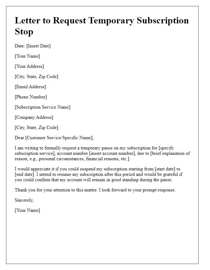 Letter template of request to temporarily stop subscription