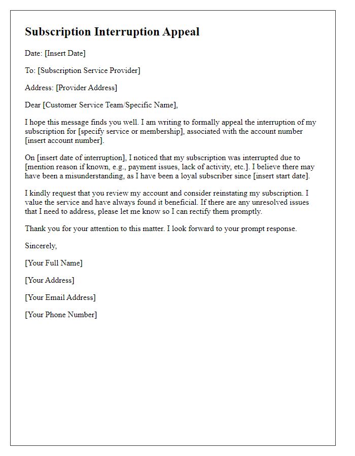 Letter template of subscription interruption appeal